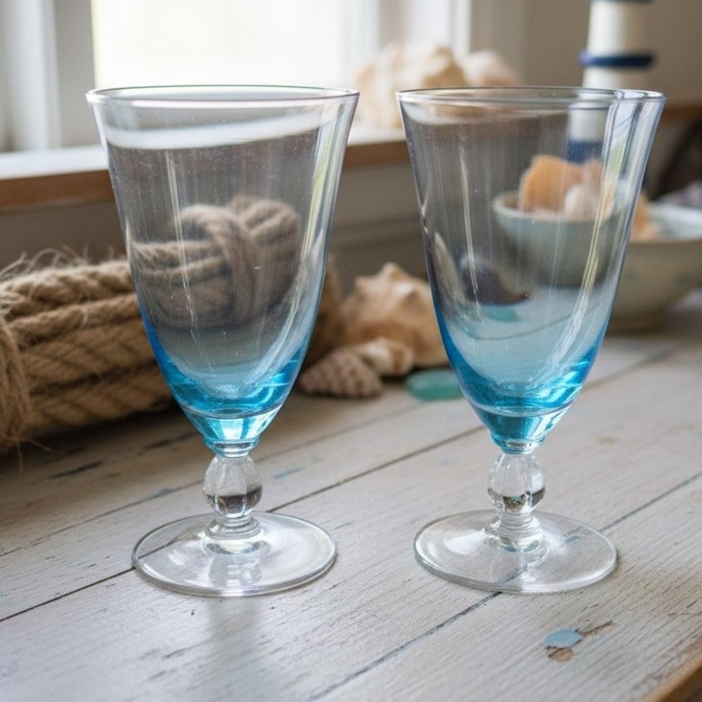 Seneca Blue Belnor Ice Tea Glasses, Stemmed Goblets, Set of 2, Elegant Drinkware